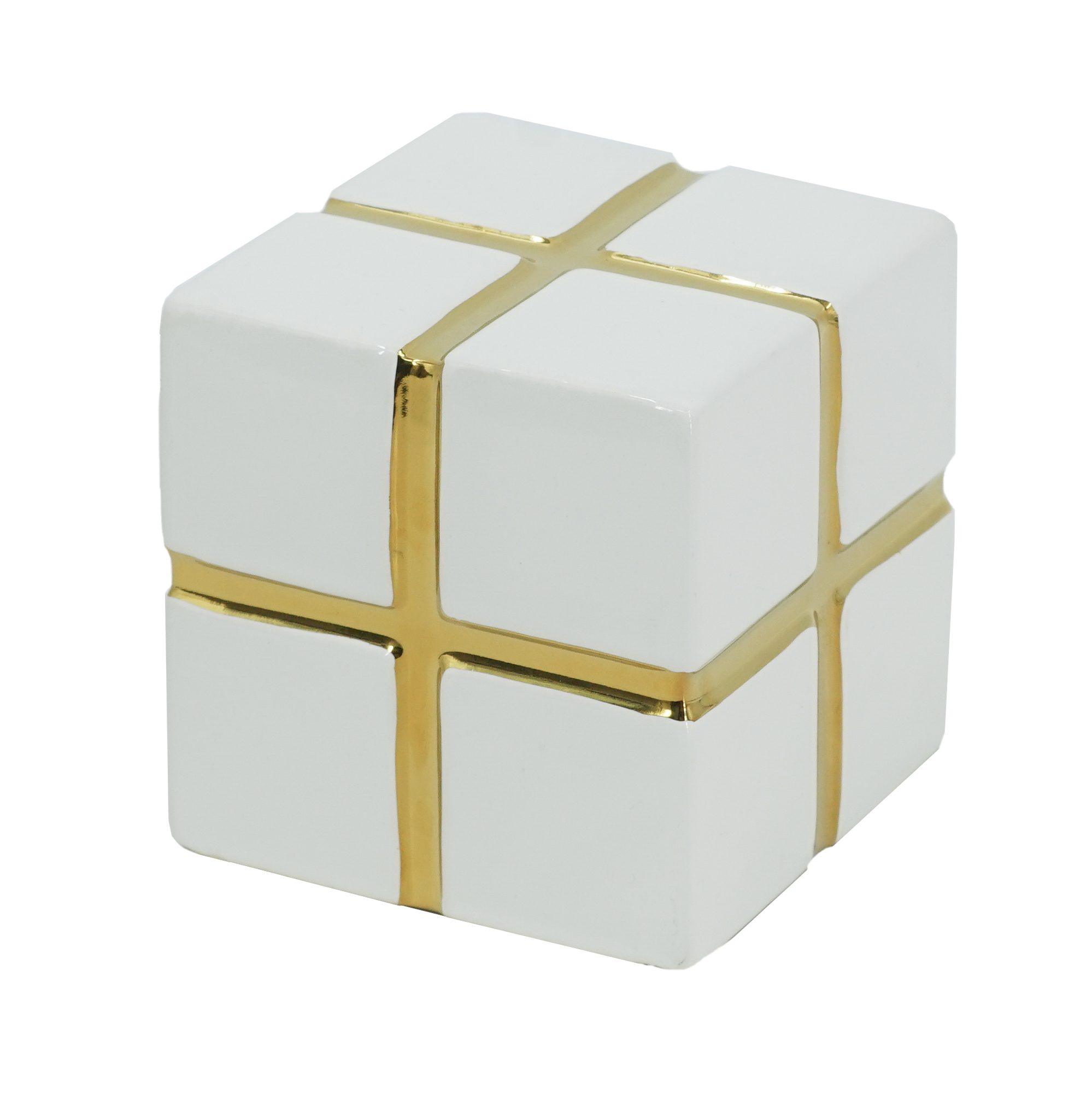 Ceramic Cube Decor – White with Gold Trim (Small)