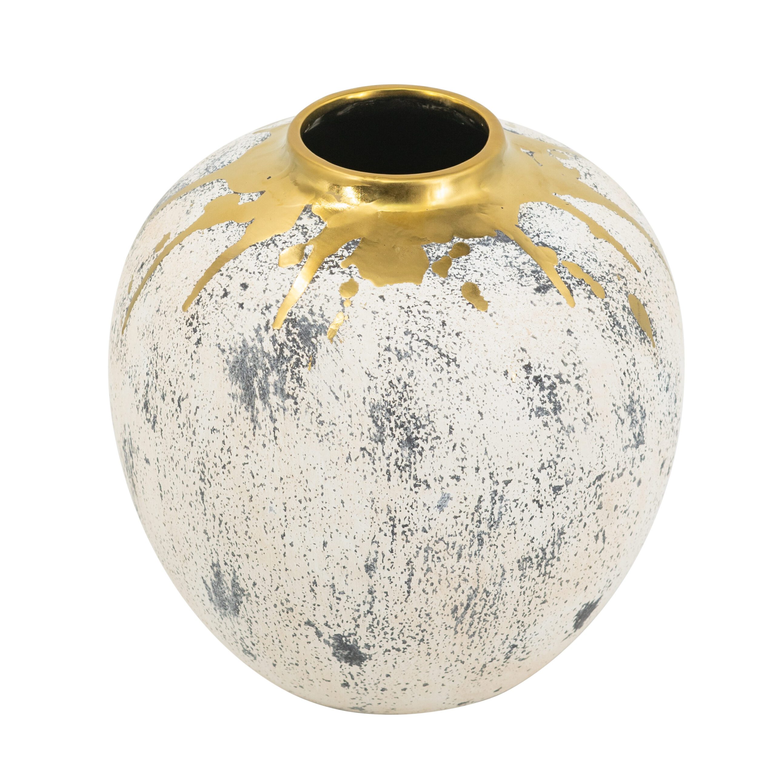 Round Decorative Vase – White Textured Finish with Gold Drip