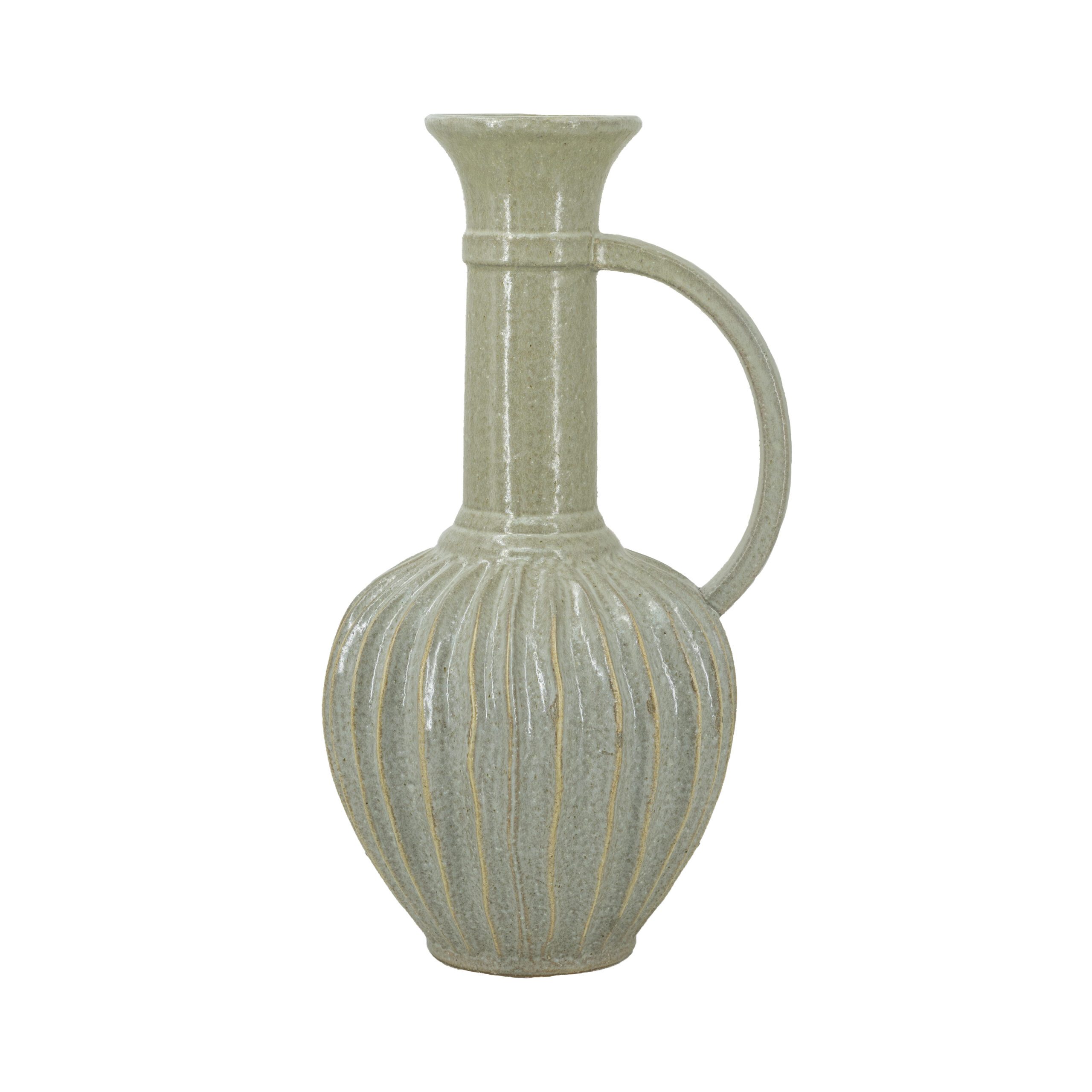 Tall Ribbed Ceramic Jug Vase – Natural Finish