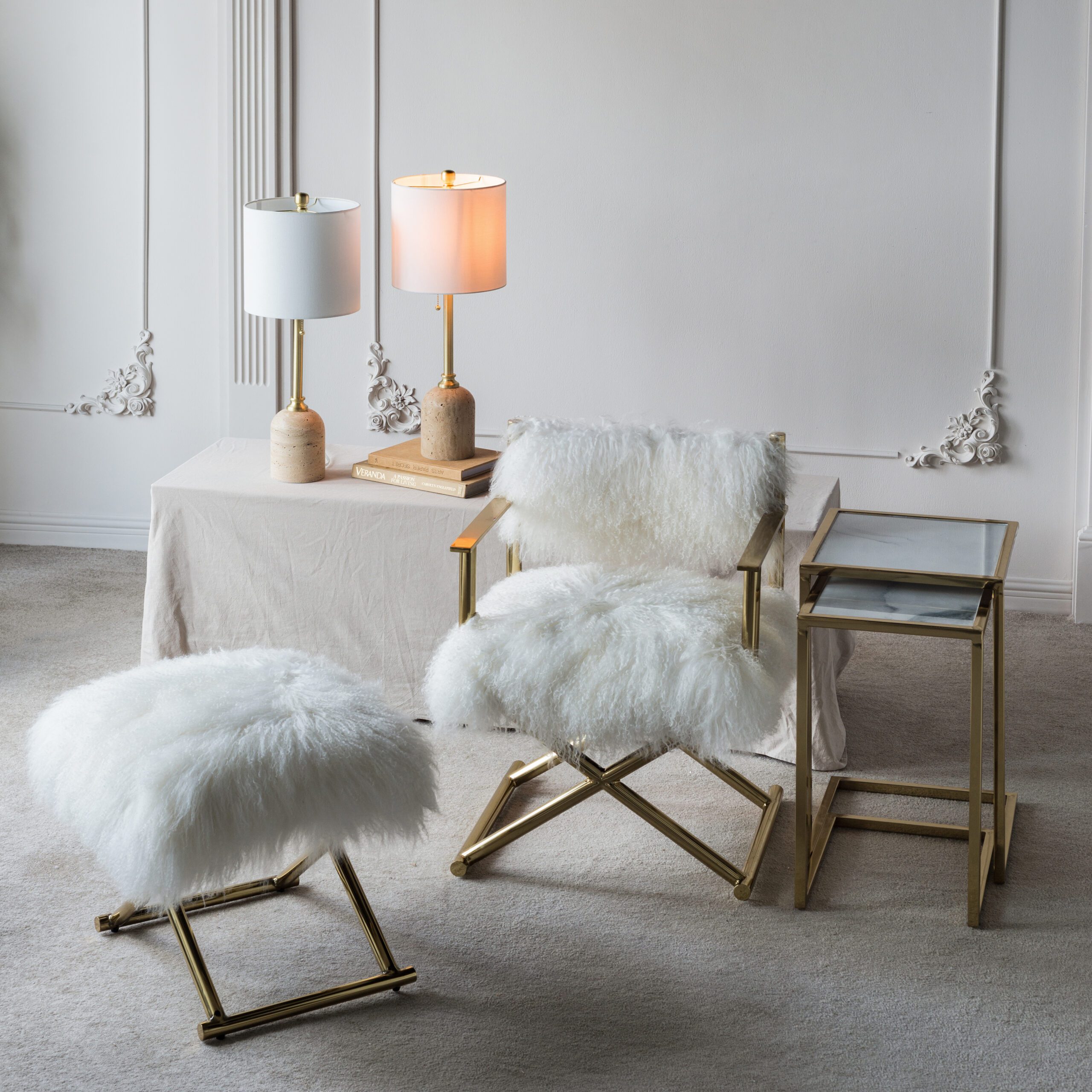 Mongolian Fur Director Set – White & Gold