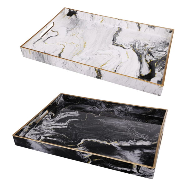 Set of 2 Marble Look Rectangular Trays – Black & White