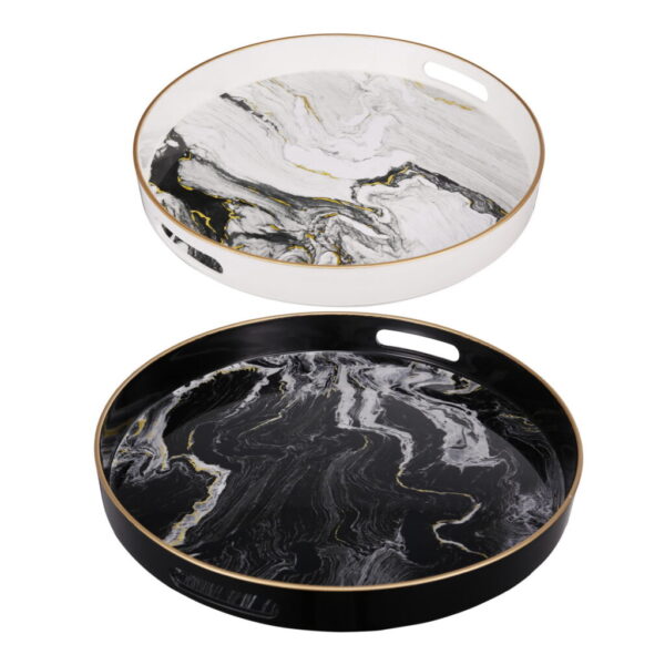 Set of 2 Round Marble Look Trays – Black & White