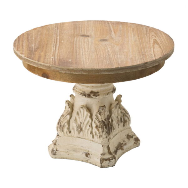 Rustic Round Display Pedestal – Wood & Distressed White Base