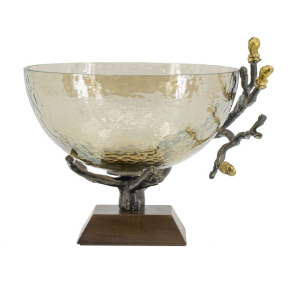 Hammered Glass Decorative Bowl on Branch Stand – Amber & Bronze