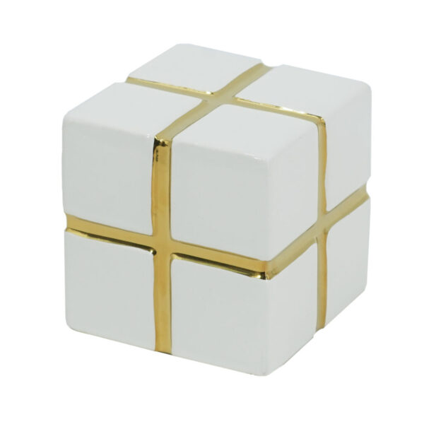 Ceramic Cube Decor – White with Gold Trim (Small)