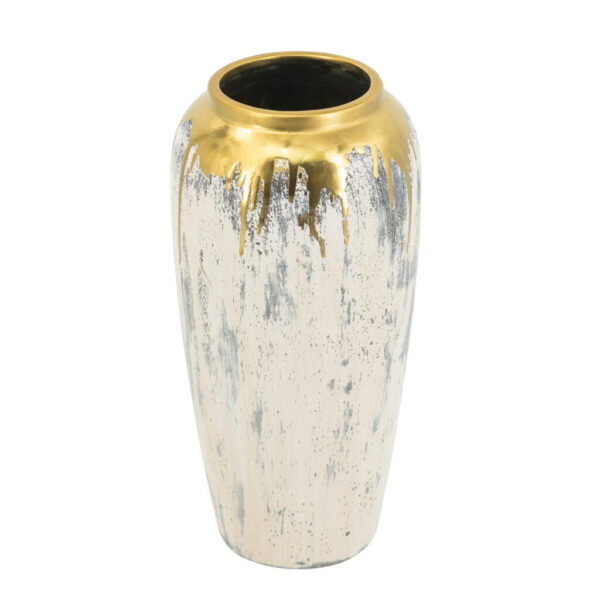 Tall Decorative Vase – White Textured with Gold Drip Accent