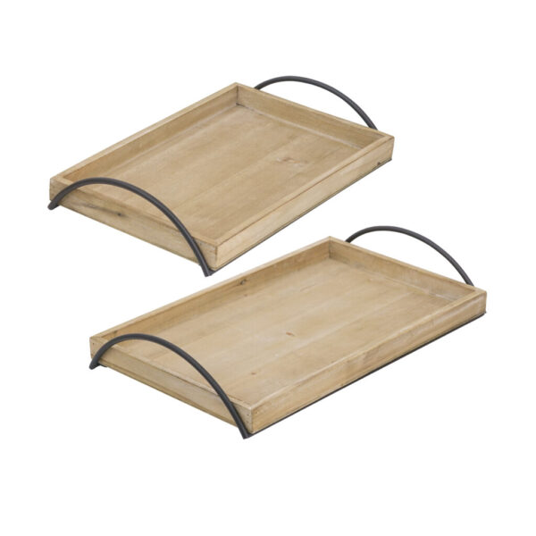 Set of 2 Natural Wood Trays with Metal Handles – Large & Small