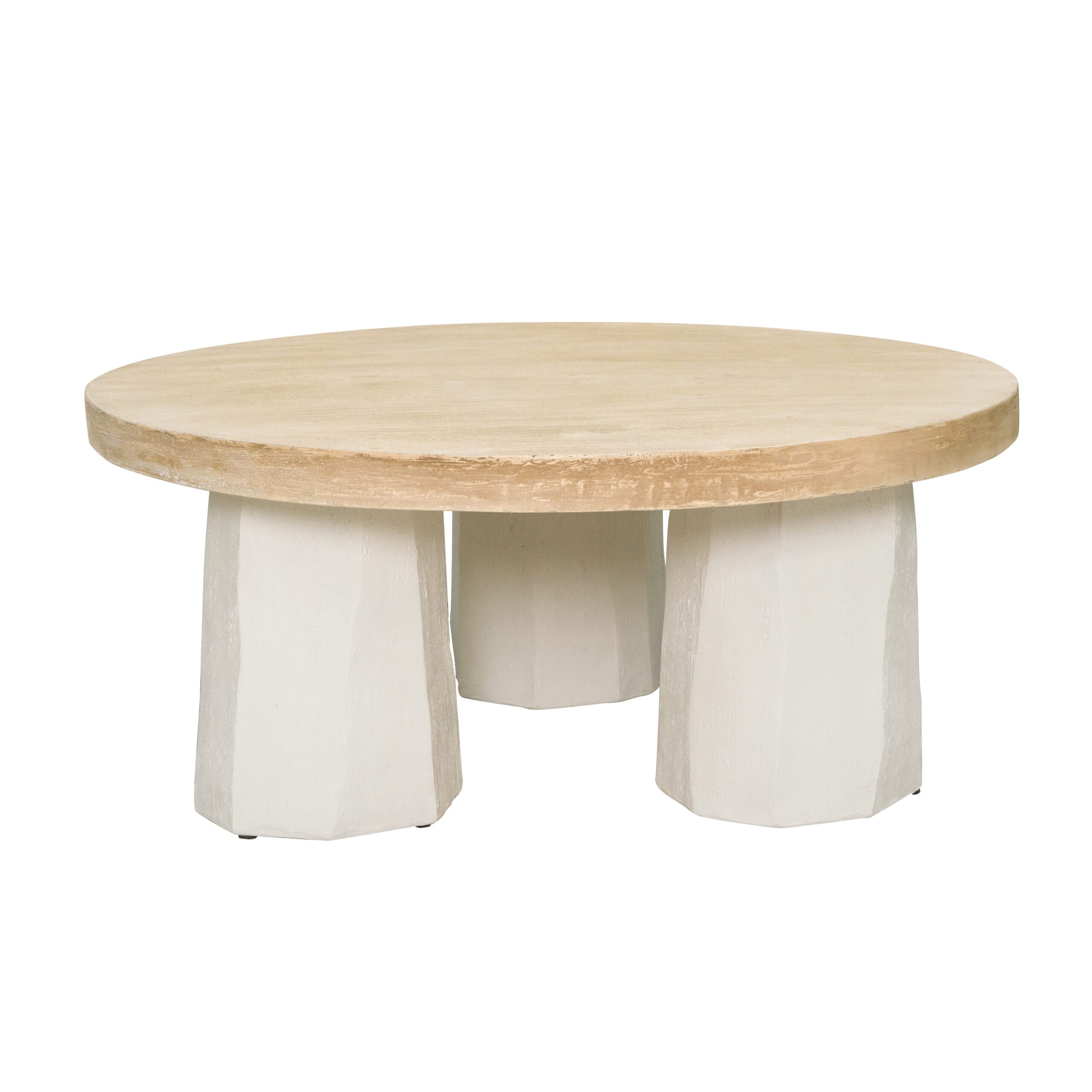 Round Timber-Look Coffee Table with Sculptural White Legs – 90cm