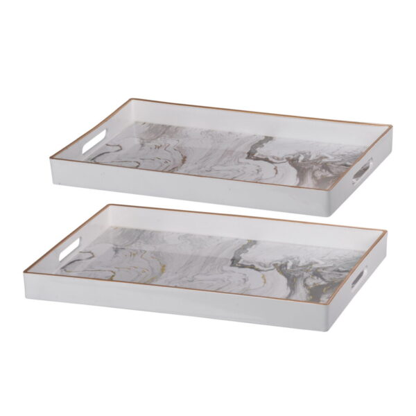 Set of 2 White Marble-Effect Serving Trays – 19" & 18"