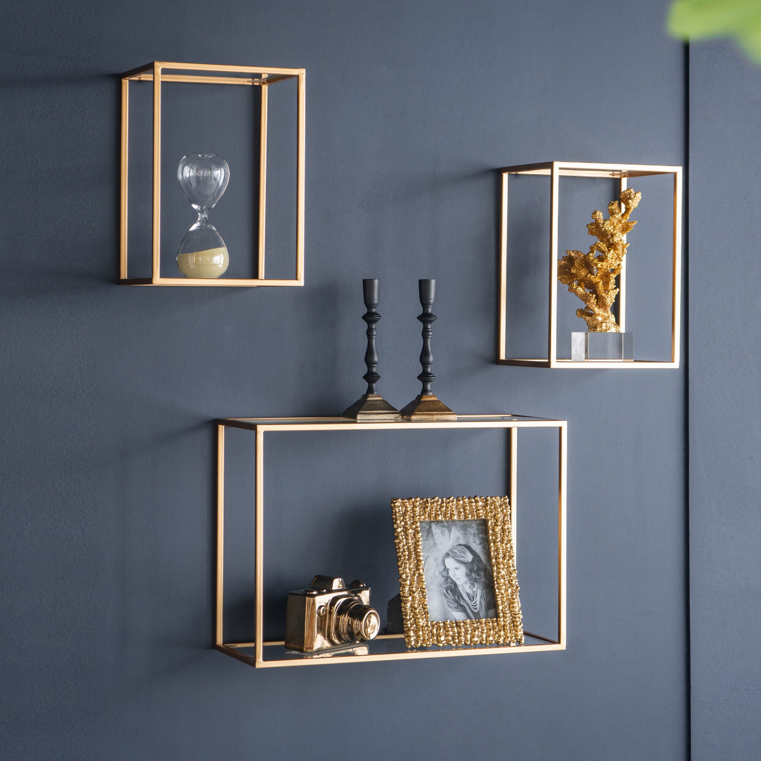 Gold Frame Wall Shelf Set – 3 Piece