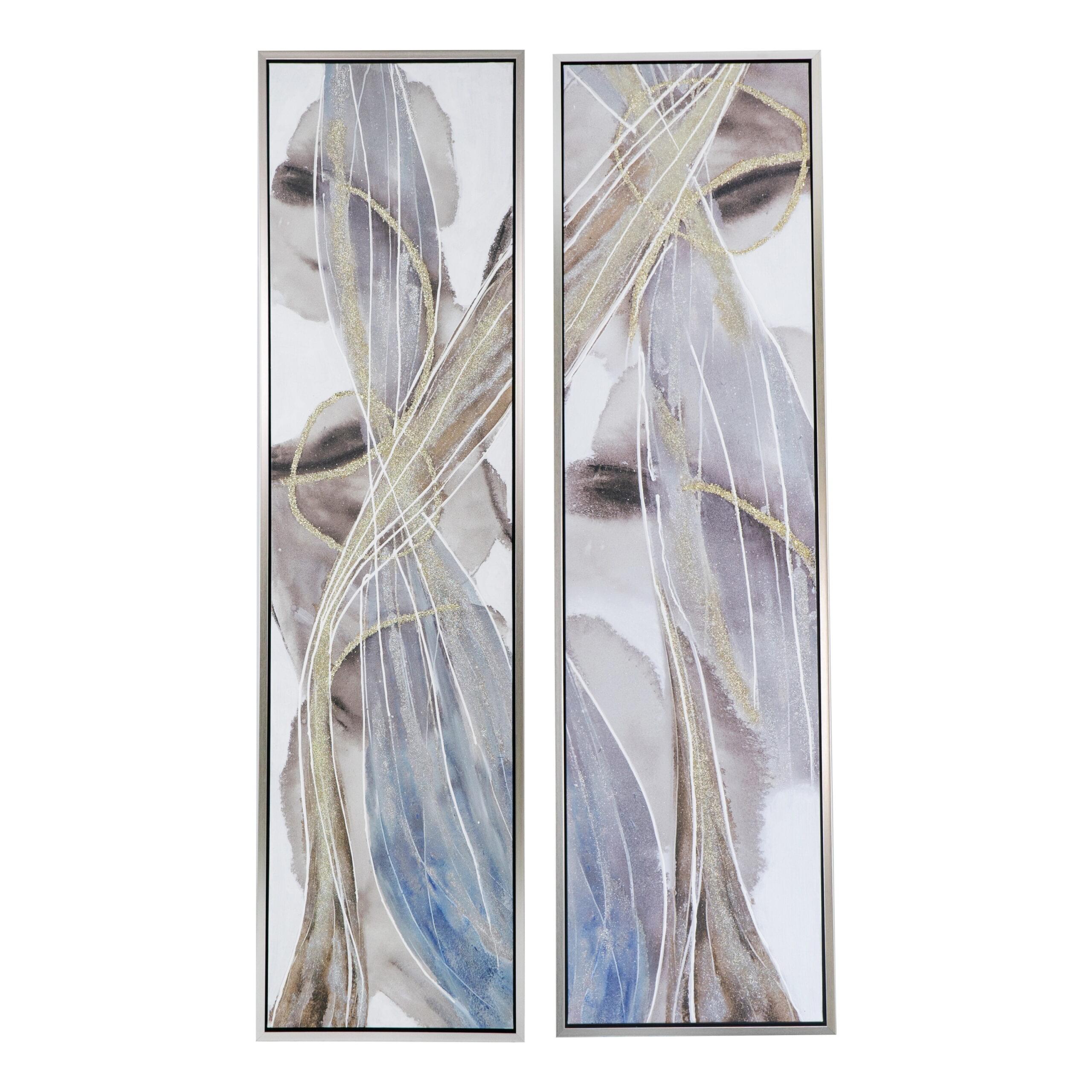Set of 2 Framed Abstract Art Prints – Blue, Gold & Neutral Tones